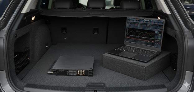 A professional car audio tuning setup inside an open vehicle trunk featuring a recessed Helix V12 DSP amplifier installed into the floor and a laptop on the right displaying the DSP PC-Tool software with frequency response graphs and EQ sliders.
