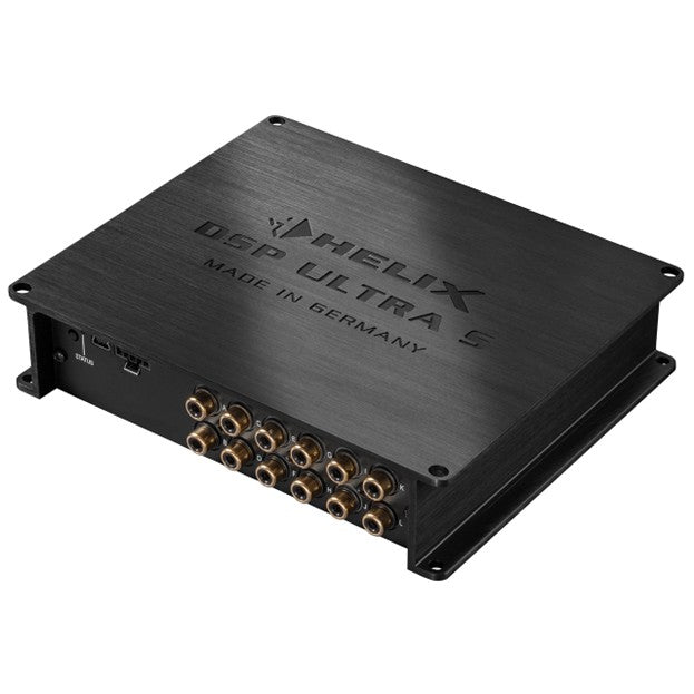 A black HELIX DSP ULTRA S standalone digital signal processor featuring 12-channel RCA outputs and brushed metal finish. Source: Audtiotec Fischer.