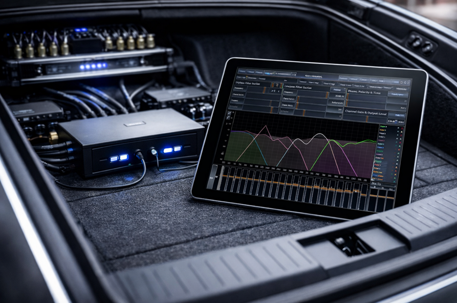Car audio DSP tuning software displaying frequency response graph used for remote system calibration