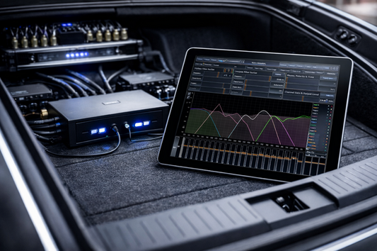 Car audio DSP tuning software displaying frequency response graph used for remote system calibration