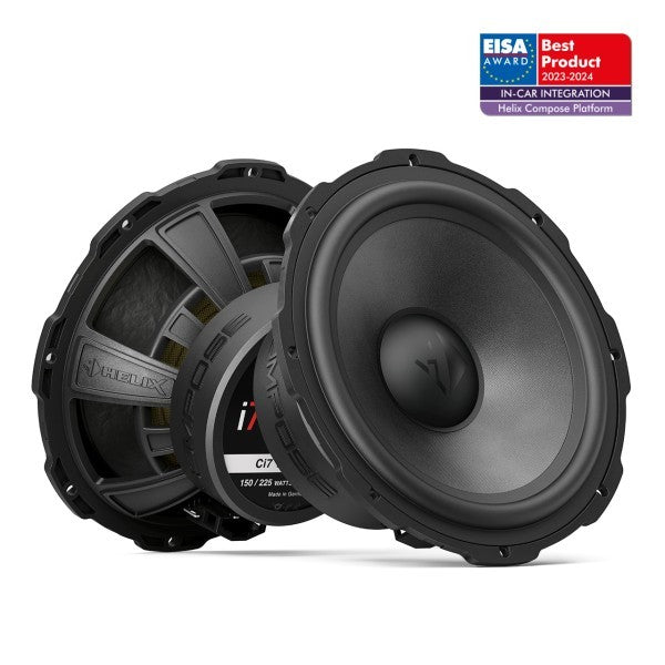 Helix Ci7 car audio speaker’s close-up showing high-performance midbass driver